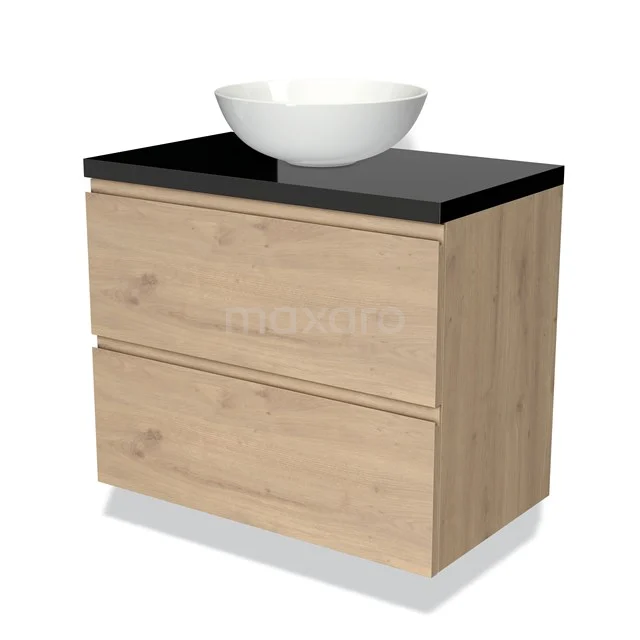 Houten badkamermeubel met zwarte wastafelblad en witte opbouwkom; modern design, ideaal voor een stijlvolle badkamer.
