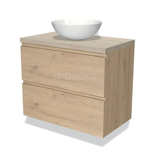 Houten badkamermeubel met twee lades en een witte opzetwastafel, moderne uitstraling en natuurlijke houtnerf afwerking.