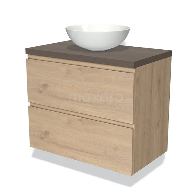 Badmöbel für Waschtischunterschrank mit Konsole 80cm Modulo Plato hellbraune Eiche 2 Schubladen grifflos dunkelbraune Eiche Platte BMK17-01857 Badezimmermöbel Holzoptik mit zwei Schubladen, dunkler Platte und rundem weißen Aufsatzwaschbecken, ideal für ein modernes Badezimmer.