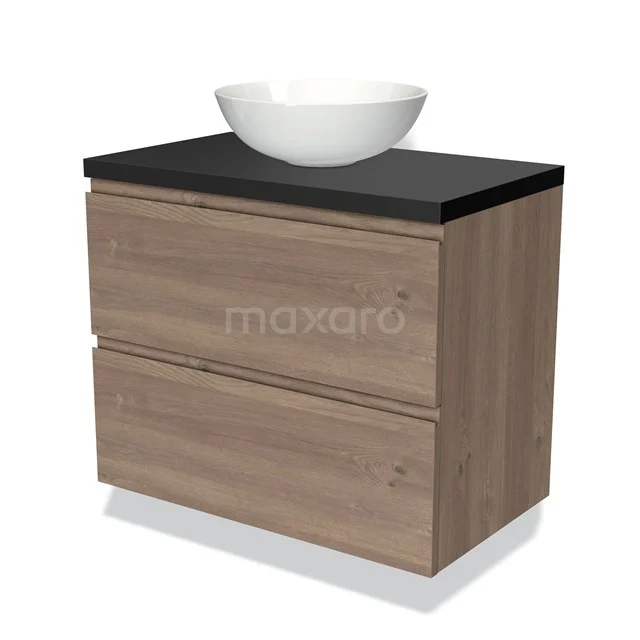 Waschtischunterschrank mit Konsole 80cm Modulo Plato mittelbraune Eiche 2 Schubladen grifflos Platte Schwarz BMK17-01861 Holz-Badmöbel mit schwarzer Platte und rundem weißen Aufsatzwaschbecken, modernes Erscheinungsbild, ideal für stilvolle Badezimmergestaltung.