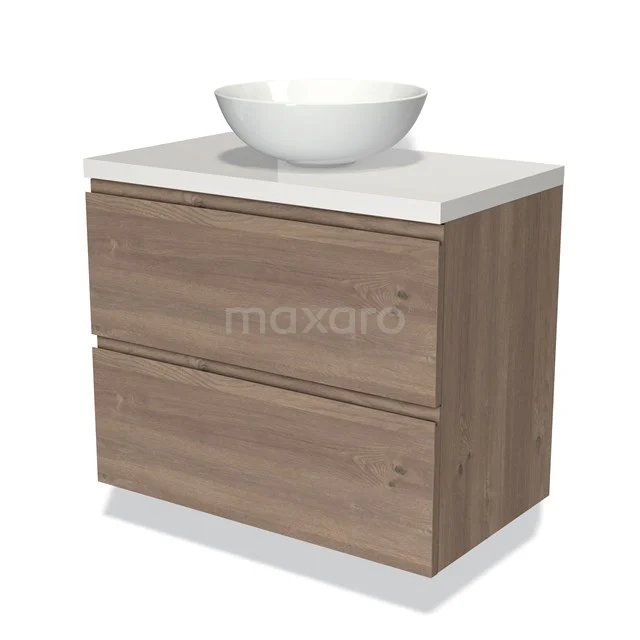 Houten badkamermeubel met witte wastafelkom, modern ontwerp, twee lades, ideaal voor stijlvolle badkameropslag.