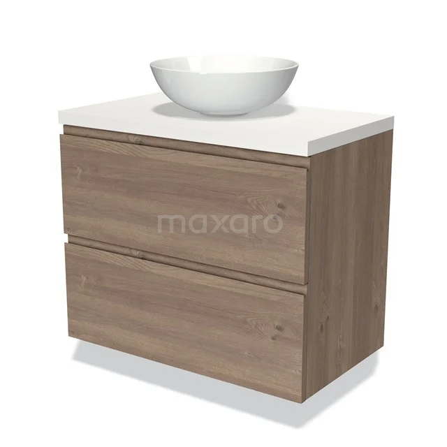 Houten badkamermeubel met witte wastafelkom, moderne uitvoering, 2 lades, ideaal voor stijlvolle badkameropslag.