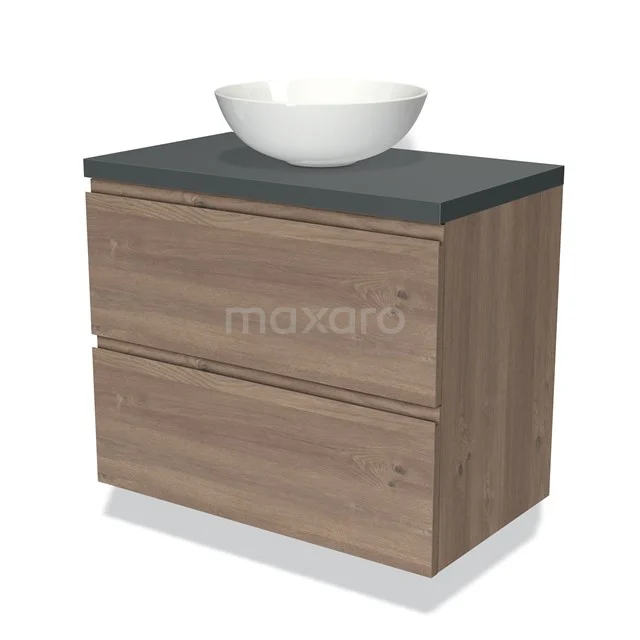 Holz Badezimmermöbel mit Natursteine Platte und runder weißer Waschbecken, modernes Design mit zwei Schubladen.