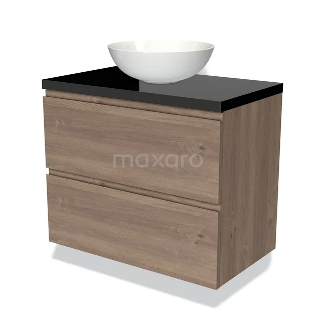 Holz Badezimmermöbel mit zwei Schubladen, schwarzer Oberfläche und weißem, schalenförmigem Waschbecken, modernes Design für stilvolle Bäder.