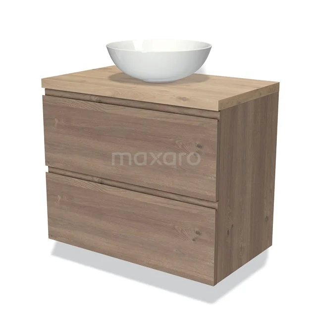 Houten badkamermeubel met waskom, eikenlook, 2 lades, modern design, ideaal voor een stijlvolle badkamerrenovatie.
