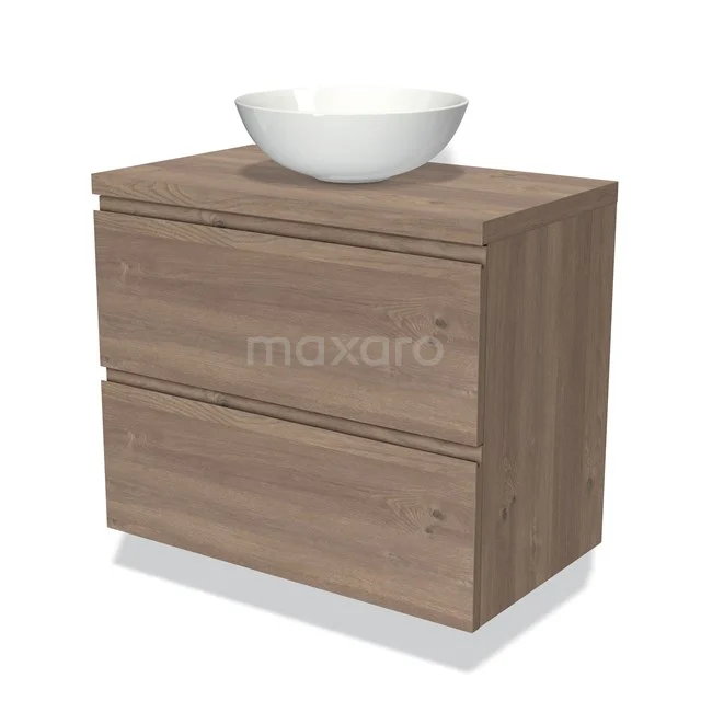Modulo Plato Vanity units for countertop basin | 80 cm Mid brown oak Handle-less front Mid brown oak worktop 2 Stacked drawers BMK17-01870