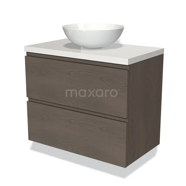 Hölzernes Badezimmermöbel mit zwei Schubladen, weißem keramischen Aufsatzwaschbecken und Platte, modernes Design, ideal für ein stilvolles Badezimmer.