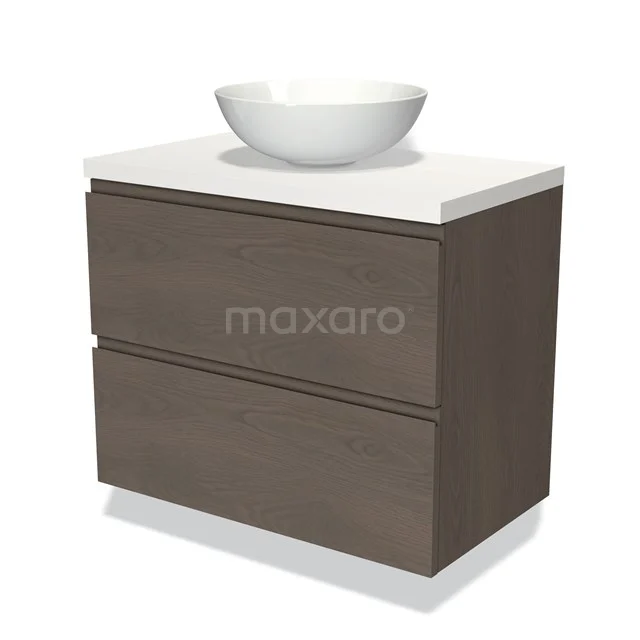 Modulo Plato Vanity units for countertop basin | 80 cm Dark brown oak Handle-less front Matte white worktop 2 Stacked drawers BMK17-01878