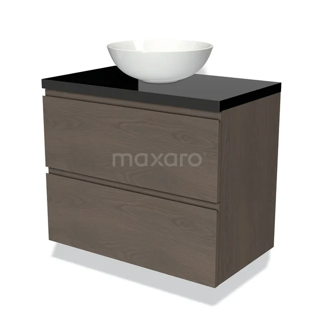 Badmöbel für Aufsatzwaschbecken 80cm Modulo Plato dunkelbraune Eiche 2 Schubladen grifflos Hochglanz Schwarz Platte BMK17-01880 Hölzernes Badezimmermöbel mit dunkler Platte und weißem Aufsatzwaschbecken, modernes Design, ideal für stilvolle Badezimmergestaltung.