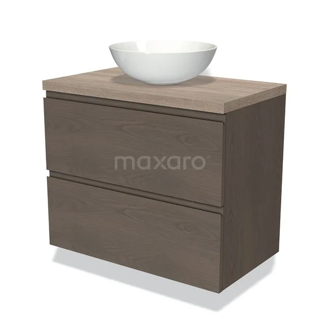 Modulo Plato Vanity units for countertop basin | 80 cm Dark brown oak Handle-less front Oak worktop 2 Stacked drawers BMK17-01881