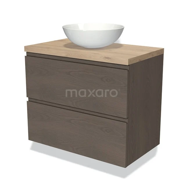 Modulo Plato Vanity units for countertop basin | 80 cm Dark brown oak Handle-less front Light brown oak worktop 2 Stacked drawers BMK17-01883
