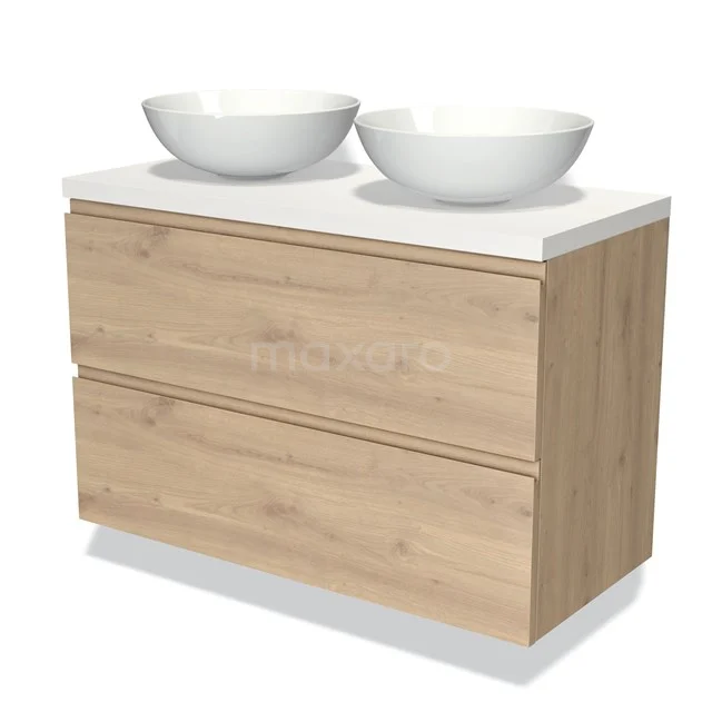 Modulo Plato Badmöbel mit Aufsatzwaschbecken | 100 cm Hellbraune Eiche Grifflos front Matt Weiß blatt 2 übereinanderliegende Schubladen BMK17-01892 Eichen Badezimmermöbel mit zwei weißen Aufsatzwaschbecken, modernes Design und Softclose Schubladen geeignet für jedes zeitgemäße Badezimmer.