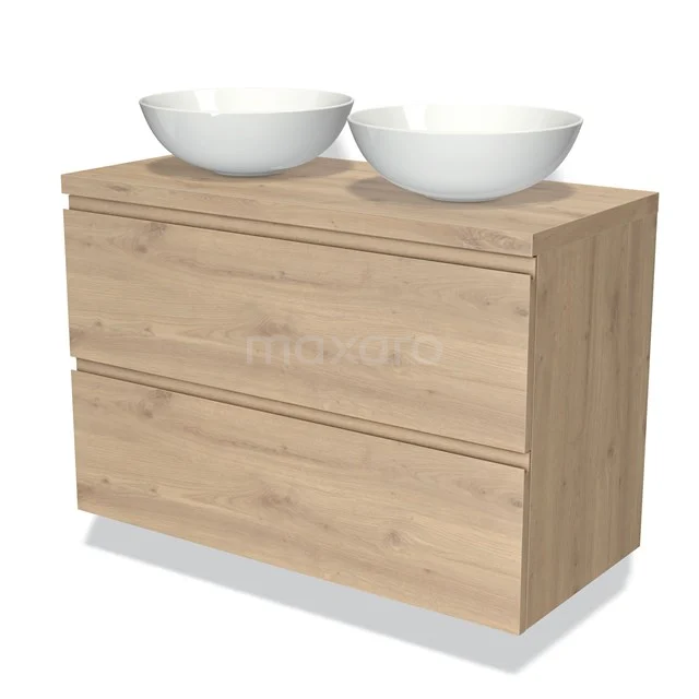 Eichenholz Badezimmermöbel mit zwei weißen keramischen Aufsatzwaschbecken, modernes Design und grifflose Schubladen.