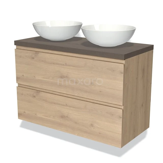 Houten badkamermeubel met donker blad, 2 witte opzetwaskommen, modern design, ideaal voor stijlvolle badkamerinrichting.