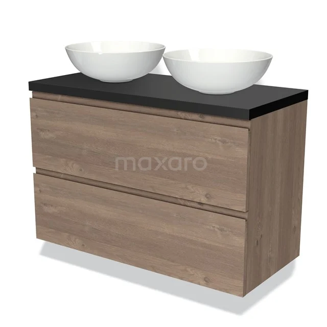Modulo Plato Vanity units for countertop basin | 100 cm Mid brown oak Handle-less front Matte black worktop 2 Stacked drawers BMK17-01903