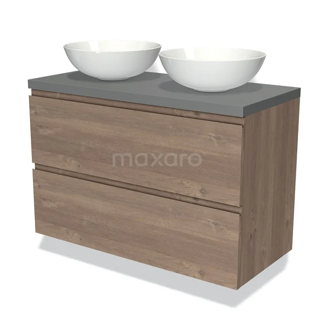 Hölzernes Badezimmermöbel mit grauer Platte, zwei weißen Aufsatzwaschbecken, modernes Design, ideal für stilvolle Badezimmergestaltung.