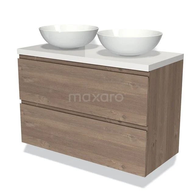 Modulo Plato Vanity units for countertop basin | 100 cm Mid brown oak Handle-less front High-gloss white worktop 2 Stacked drawers BMK17-01905