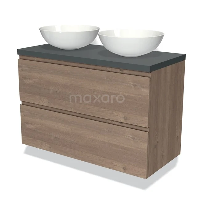 Hölzernes Badezimmermöbel mit zwei weißen Aufsatzwaschbecken, anthrazit Platte und zwei Schubladen, modernes Design.