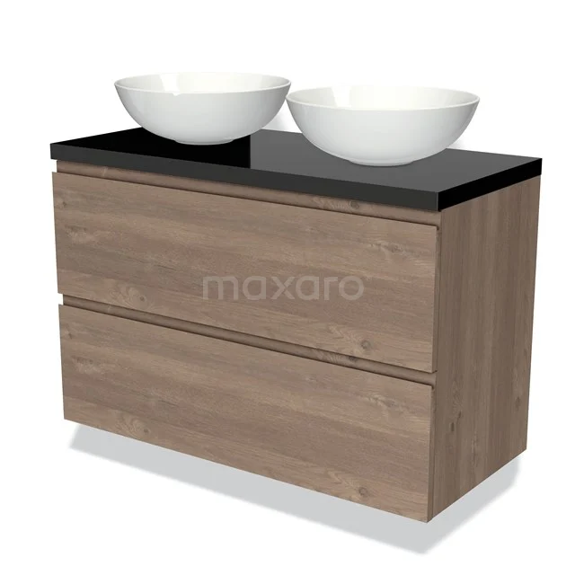 Modulo Plato Vanity units for countertop basin | 100 cm Mid brown oak Handle-less front High-gloss black worktop 2 Stacked drawers BMK17-01908