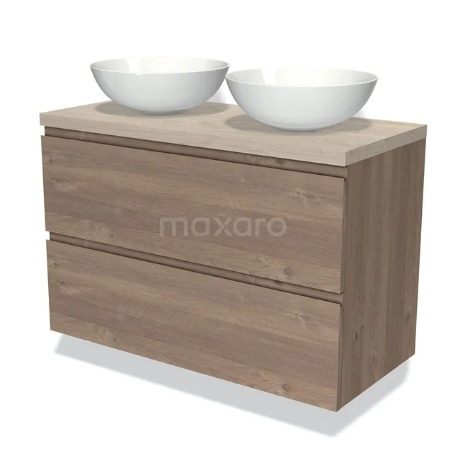 Modulo Plato Vanity units for countertop basin | 100 cm Mid brown oak Handle-less front Light grey oak worktop 2 Stacked drawers BMK17-01910