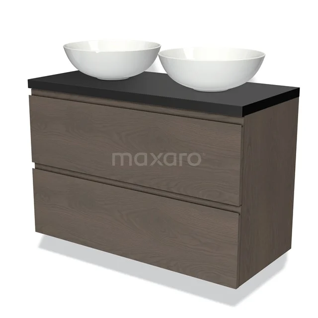 Modulo Plato Vanity units for countertop basin | 100 cm Dark brown oak Handle-less front Matte black worktop 2 Stacked drawers BMK17-01917
