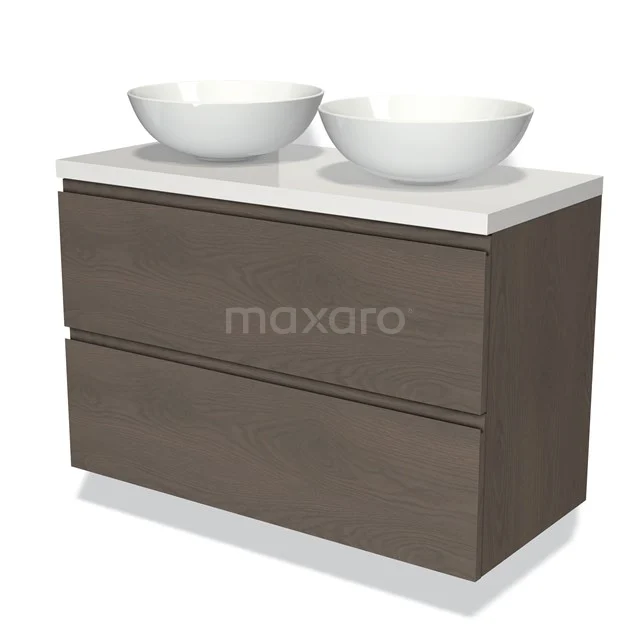 Modulo Plato Vanity units for countertop basin | 100 cm Dark brown oak Handle-less front High-gloss white worktop 2 Stacked drawers BMK17-01919