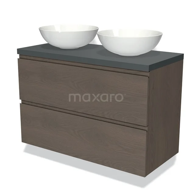 Doppelwaschbeckenmöbel mit dunkelgrauer Platte, Holzlook-Oberfläche und weißen Aufsatzwaschbecken; stilvolles Badezimmerdesign.