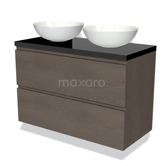 Holz Badezimmermöbel mit dunkler Platte und zwei weißen Aufsatzwaschbecken, modernes Design, ideal für eine stilvolle Badezimmer Einrichtung.