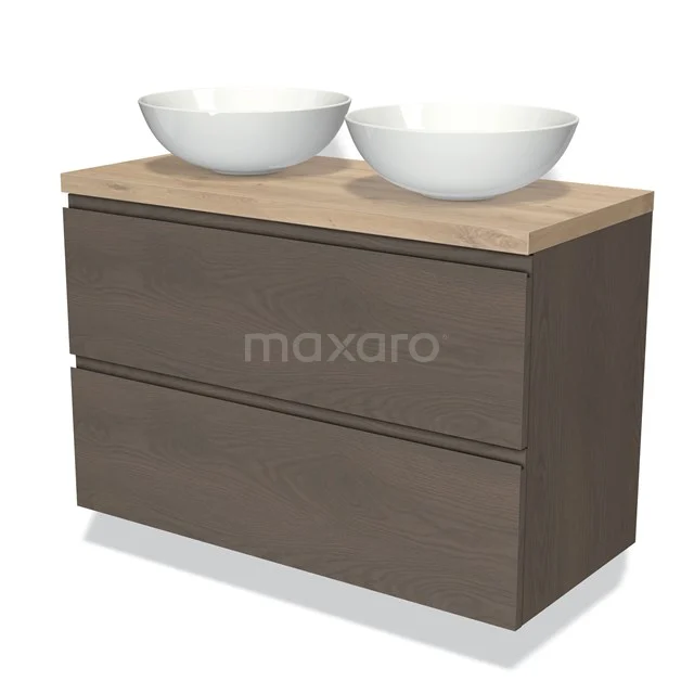 Modulo Plato Vanity units for countertop basin | 100 cm Dark brown oak Handle-less front Light brown oak worktop 2 Stacked drawers BMK17-01925
