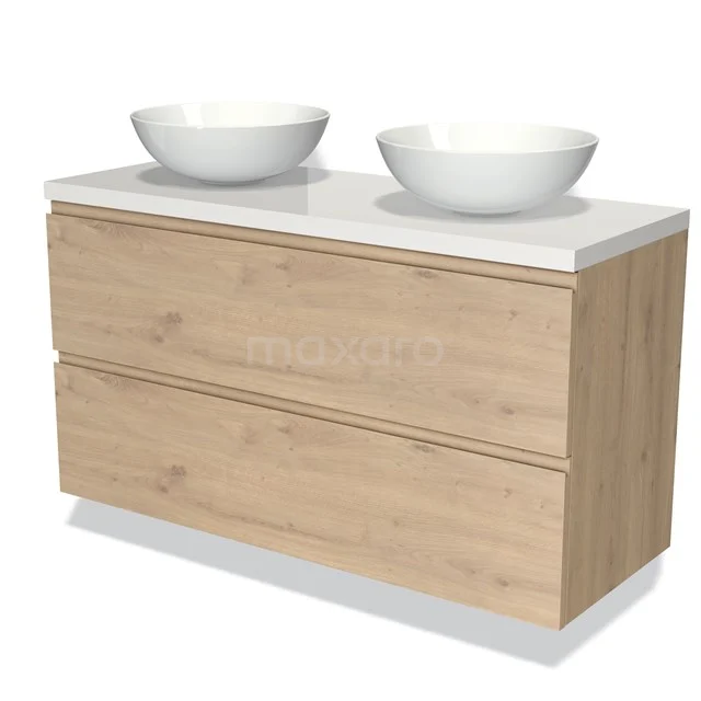 Holz Badezimmermöbel mit zwei weißen Aufsatzwaschbecken, skandinavisches Design und Soft-Close Schubladen, ideal für moderne Bäder.