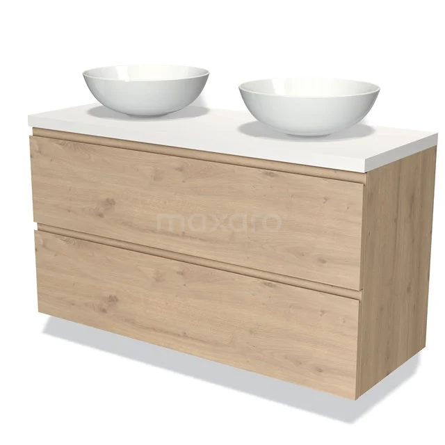 Badmöbel für Aufsatzwaschbecken 120cm Modulo Plato Hellbraune Eiche 2 Schubladen Grifflos Matt Weiß Platte BMK17-01934 Holz Badezimmermöbel mit zwei weißen Aufsatzwaschbecken, moderne Ausführung, ideal für eine stilvolle Badezimmergestaltung.