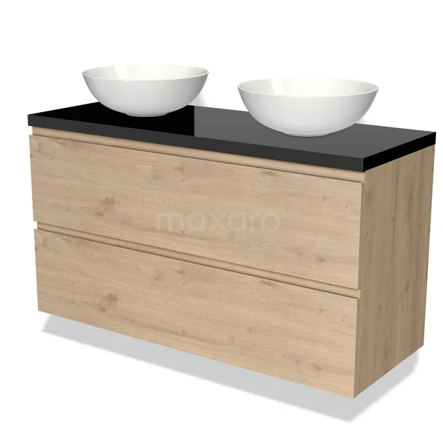 Modulo Plato Badmöbel mit Aufsatzwaschbecken | 120 cm Hellbraune Eiche Grifflos front Hochglanz Schwarz blatt 2 übereinanderliegende Schubladen BMK17-01936 Holz-Badmöbel mit schwarzer Platte und doppelten weißen Aufsatzwaschbecken, modernes Design aus der Natureline-Serie.