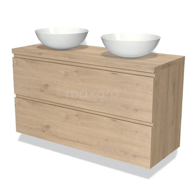 Holz Badezimmermöbel mit zwei weißen Aufsatzwaschbecken, modernes Aussehen, einschließlich zwei breiten Schubladen für zusätzlichen Stauraum.