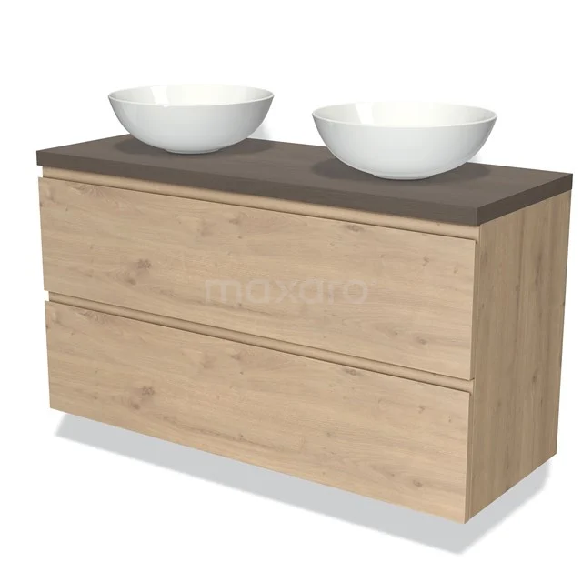 Modulo Plato Badmöbel mit Aufsatzwaschbecken | 120 cm Hellbraune Eiche Grifflos front Dunkelbraune Eiche blatt 2 übereinanderliegende Schubladen BMK17-01941 Holz Badezimmermöbel mit zwei weißen Aufsatzwaschbecken, schlichtes Design, Eiche-Look, geeignet für moderne Bäder.