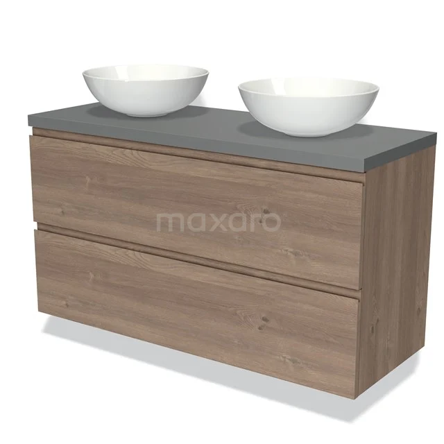 Modulo Plato Vanity units for countertop basin | 120 cm Mid brown oak Handle-less front Mid grey worktop 2 Stacked drawers BMK17-01946