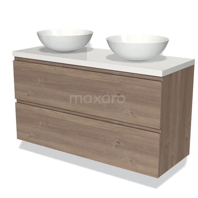 Holz-Badmöbel mit zwei weißen, schalenförmigen Waschbecken, modernes Design, geeignet für eine stilvolle Badezimmergestaltung.