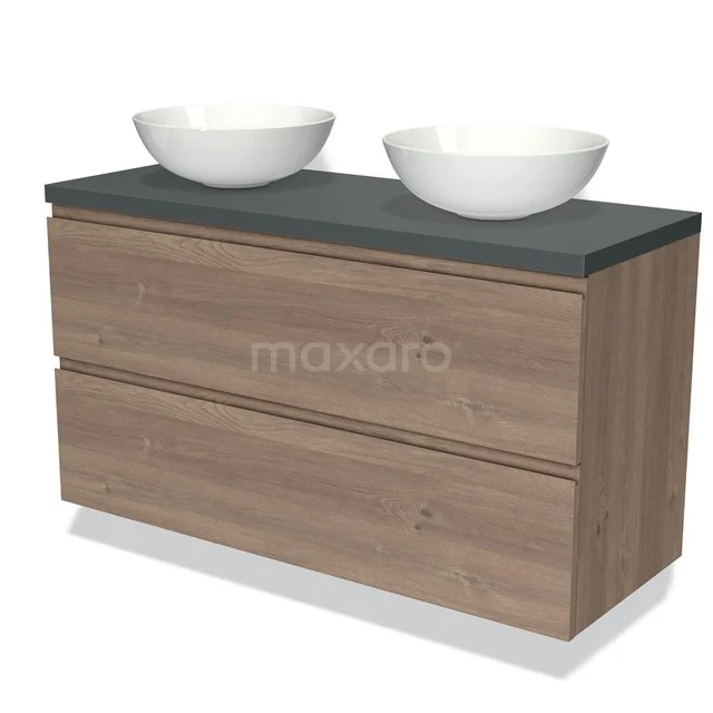 Modulo Plato Vanity units for countertop basin | 120 cm Mid brown oak Handle-less front Dark grey worktop 2 Stacked drawers BMK17-01949