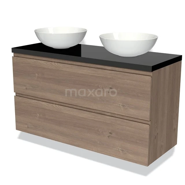 Holz Badezimmermöbel mit zwei weißen Aufsatzwaschbecken, schwarzer Glas Platte, elegantes Design perfekt für moderne Bäder.