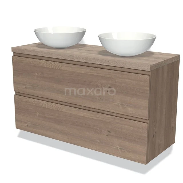 Badmöbel mit zwei weißen Aufsatzwaschbecken, Holzlook-Oberfläche und Soft-Close-Schubladen für einen stilvollen und praktischen Badezimmerraum.