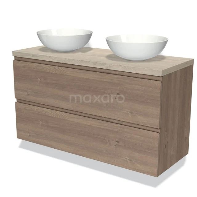 Modulo Plato Vanity units for countertop basin | 120 cm Mid brown oak Handle-less front Light grey oak worktop 2 Stacked drawers BMK17-01952