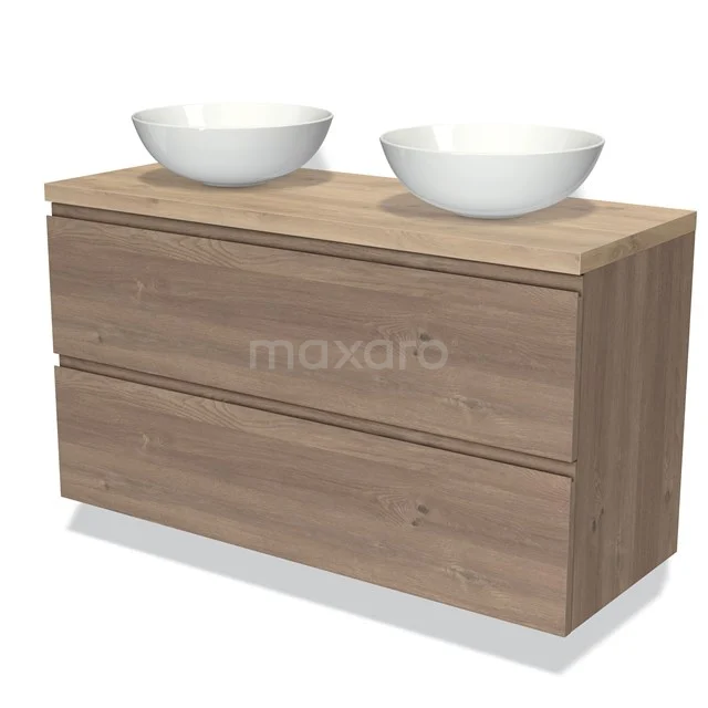 Modulo Plato Badmöbel mit Aufsatzwaschbecken | 120 cm Mittelbraune Eiche Grifflos front Hellbraune Eiche blatt 2 übereinanderliegende Schubladen BMK17-01953 Holz Badezimmermöbel mit zwei weißen Aufsatzwaschbecken, minimalistisches Design und natürliche Holzmaserung Oberflächenbehandlung.