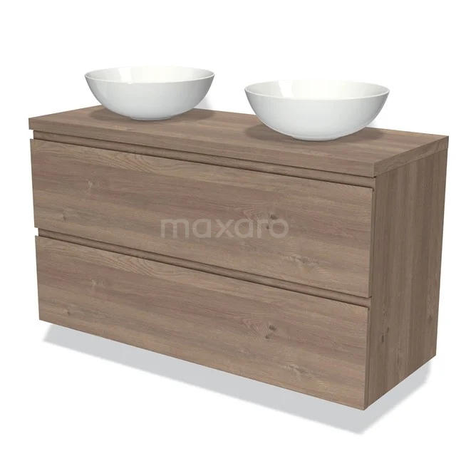 Modulo Plato Vanity units for countertop basin | 120 cm Mid brown oak Handle-less front Mid brown oak worktop 2 Stacked drawers BMK17-01954