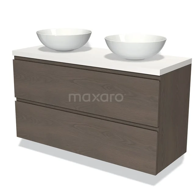 Badmöbel für Aufsatzwaschbecken 120cm Modulo Plato dunkelbraune Eiche 2 Schubladen grifflos Matt Weiß Platte BMK17-01962 Hölzernes Badezimmermöbel mit doppeltem Aufsatzwaschbecken, moderne dunkelbraune Ausführung, ideal für eine stilvolle Badezimmergestaltung.