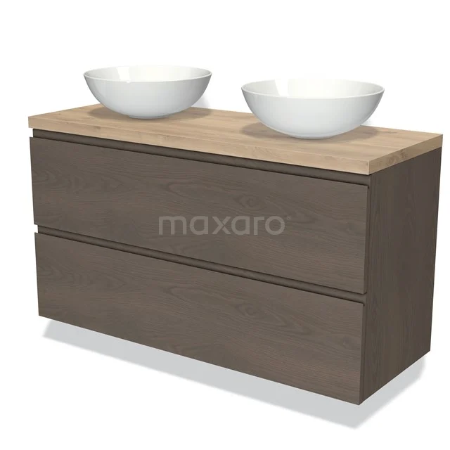Modulo Plato Vanity units for countertop basin | 120 cm Dark brown oak Handle-less front Light brown oak worktop 2 Stacked drawers BMK17-01967