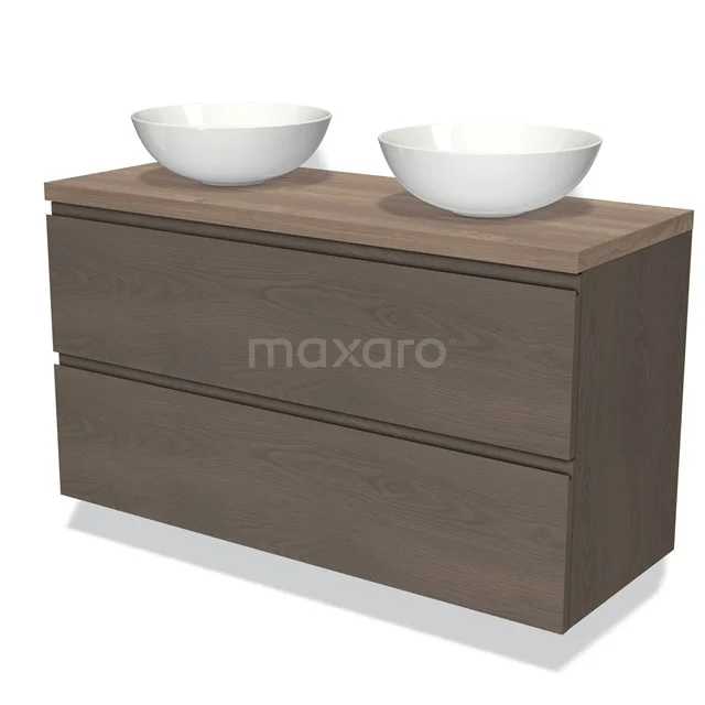 Modulo Plato Vanity units for countertop basin | 120 cm Dark brown oak Handle-less front Mid brown oak worktop 2 Stacked drawers BMK17-01968