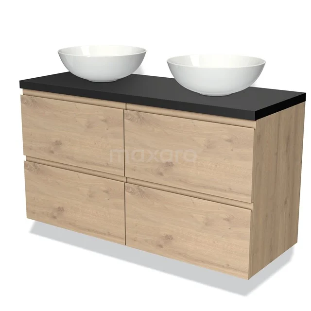 Badmöbel für Waschtischunterschrank 120cm Modulo Plato Hellbraune Eiche 4 Schubladen Grifflos Matt Schwarz Platte BMK18-01302 Eichen Badezimmermöbel mit schwarzer Platte und zwei weißen Waschbecken, modernes Design für eine stilvolle Badezimmereinrichtung.