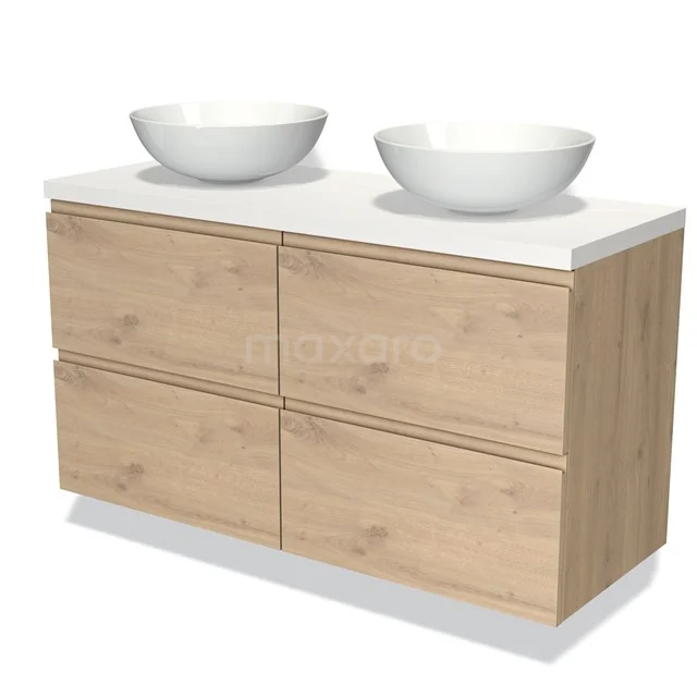 Badmöbel für Aufsatzwaschbecken 120cm Modulo Plato Hellbraune Eiche 4 Schubladen Grifflos Matt Weiß Platte BMK18-01305 Holz Badezimmermöbel mit doppelten weißen Aufsatzwaschbecken, vier Schubladen und einer modernen Ausführung für stilvolle Badezimmerlagerung.