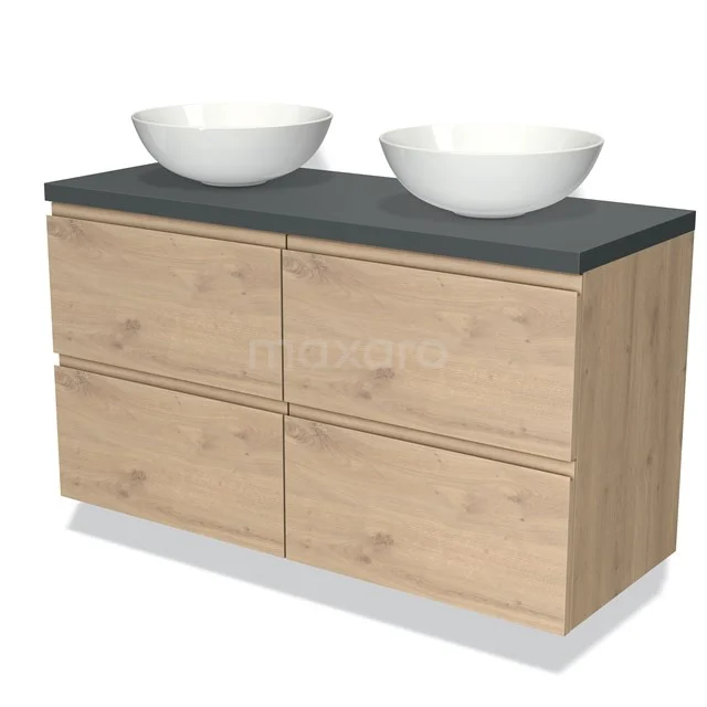 Hölzernes Badezimmermöbel mit vier Schubladen, schwarzer Platte und zwei weißen Aufsatzwaschbecken; moderne und funktionale Ausstrahlung.