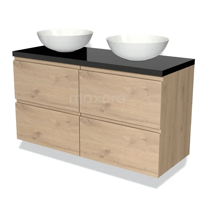 Badmöbel für Aufsatzwaschbecken 120cm Modulo Plato Hellbraune Eiche 4 Schubladen Grifflos Hochglanz Schwarz Platte BMK18-01307 Hölzernes Badezimmermöbel mit schwarzer Oberplatte und zwei weißen Waschbecken, modernes Design mit natürlicher Holzoberfläche.