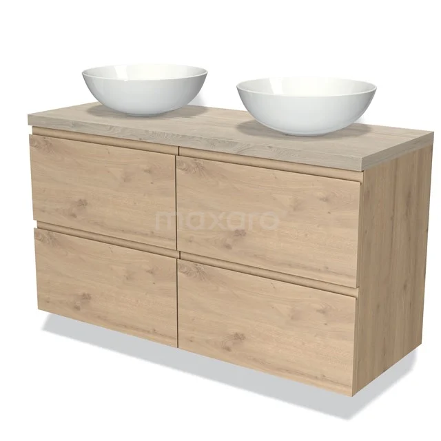 Holz Badezimmermöbel mit natürlicher Oberfläche, doppelte Aufsatzwaschbecken und vier Schubladen für stilvolle und praktische Badezimmerlagerung.